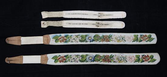 A pair of French ladys garters and a pair of gentlemans needlepoint braces, early 19th century, 39cm and 70cm